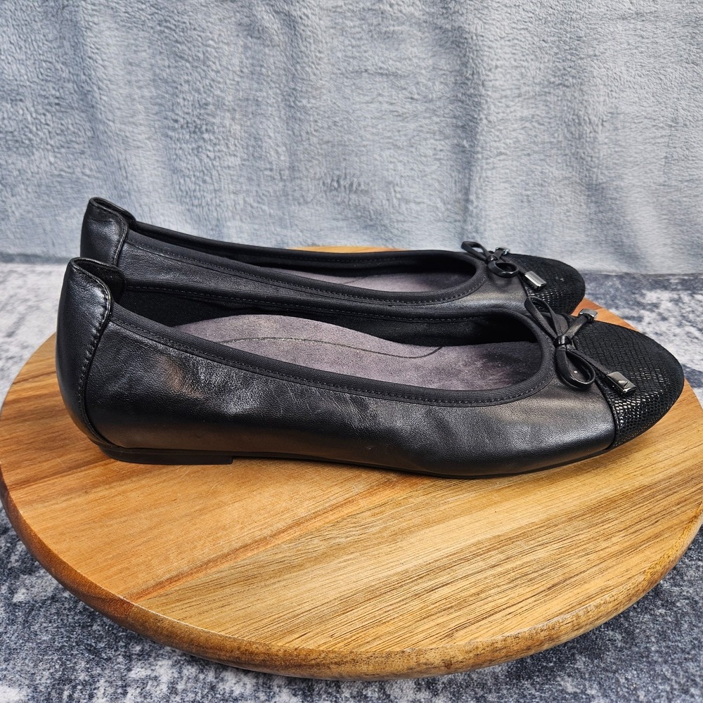 Vionic Minna Ballet Flats Shoes Womens 8.5 Black Bow Leather Cap Toe Comfort